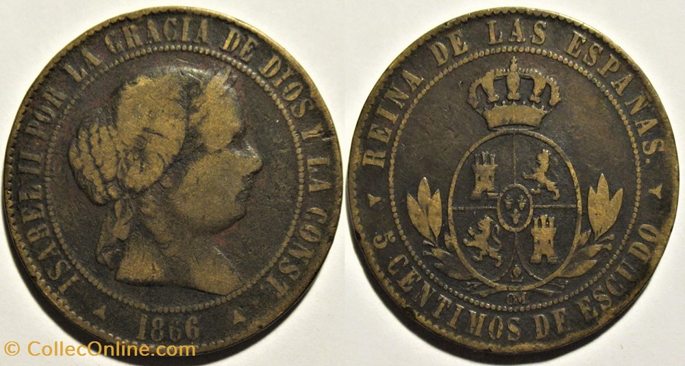 monnaies monde espagne 1866 segovia 5 centimos isabel ii de espana