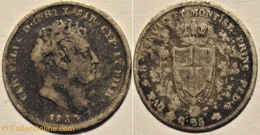 1830 Regno di Sardegna, 25 Centesimi Torino - Carlo Felice monnaies monde italie 1830 regno di sardegna 25 centesimi torino carlo felice