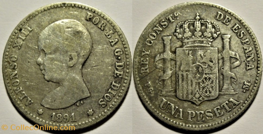 1891 - Peseta - Alfonso XIII de España monnaies monde espagne 1891 peseta alfonso xiii de espana