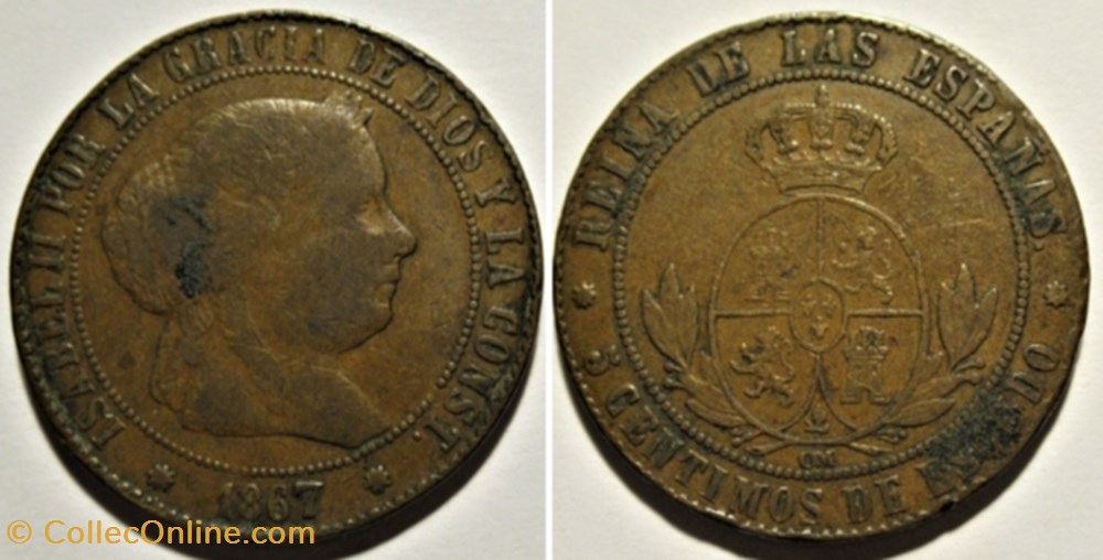 1867 Barcelona - 5 Centimos - Isabel II de España monnaies monde espagne 1867 barcelona 5 centimos isabel ii de espana