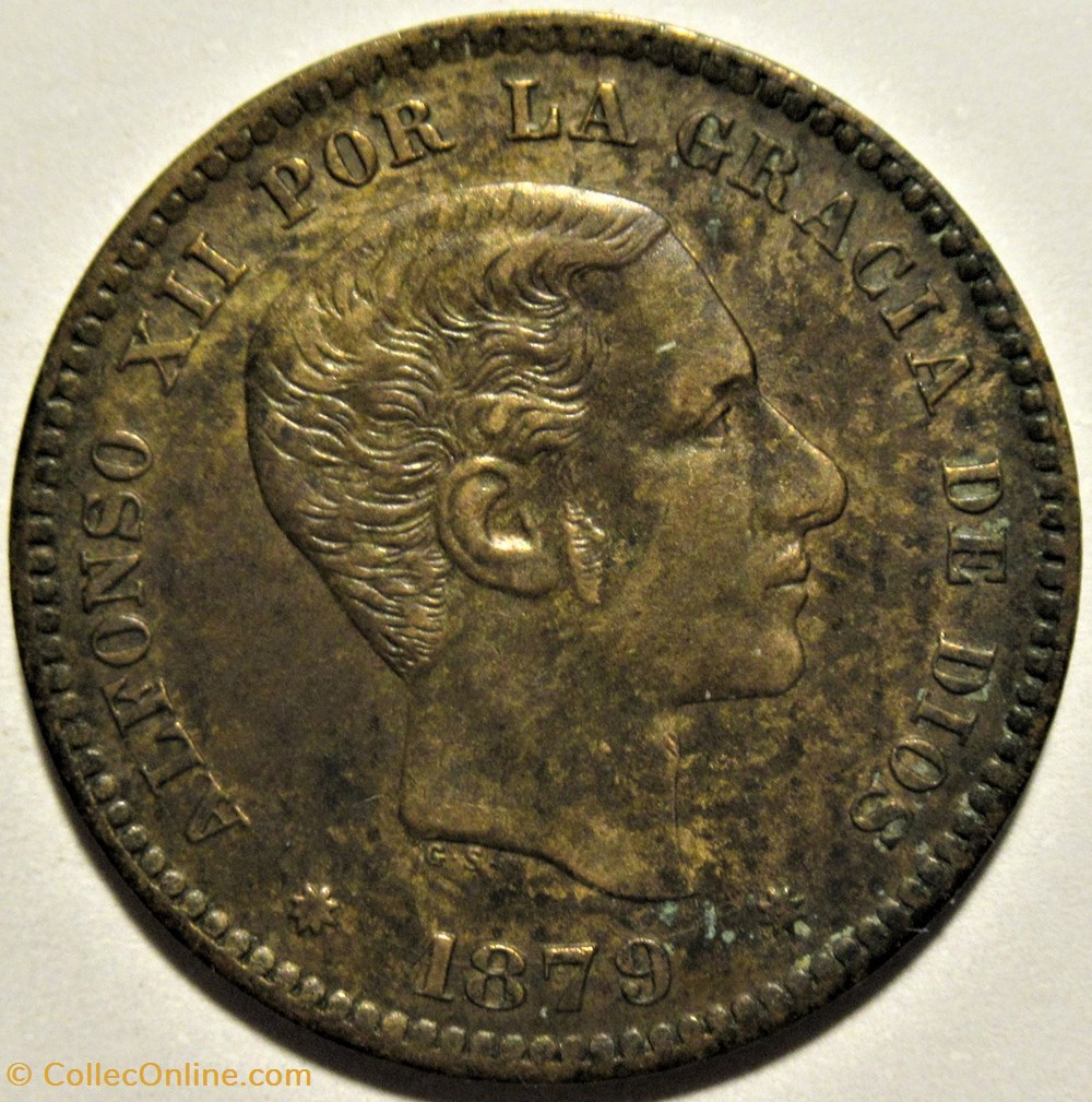 1879 - Barcelona, 5 Centimos - Alfonso XII de España (ex.2) 2 monnaies monde espagne 1879 barcelona 5 centimos alfonso xii de espana ex 2