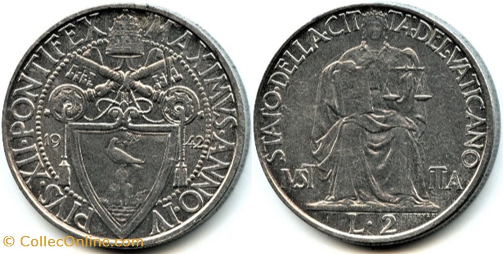 Pio XII, Papa - 2 Lire 1942, Justitia - Vaticano monnaies monde pio xii papa 2 lire 1942 justitia vaticano