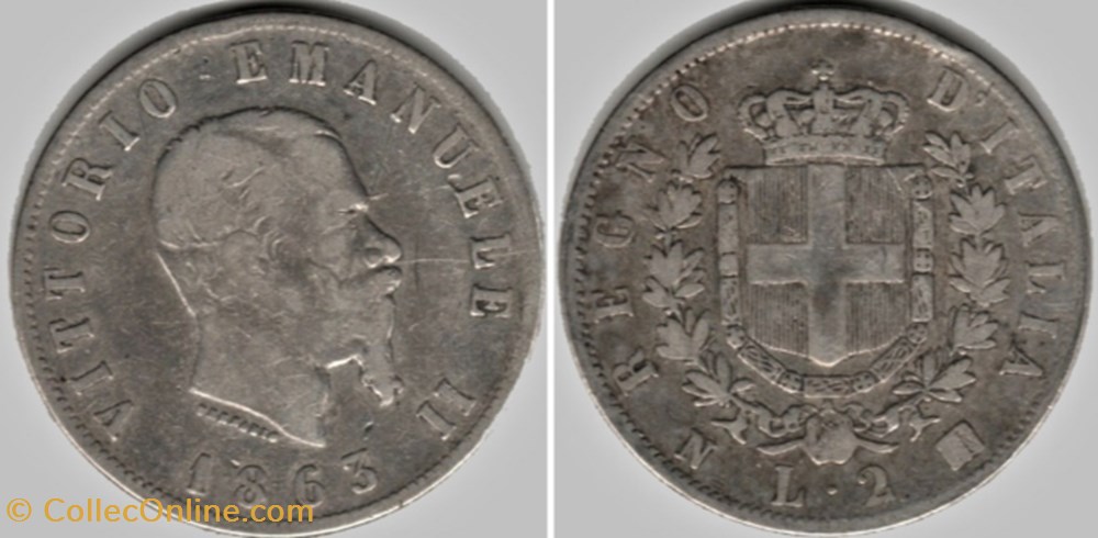 1863 Regno d'Italia, 2 Lire, Napoli - Vittorio Emanuele II monnaies monde italie 1863 regno italia 2 lire napoli vittorio emanuele ii