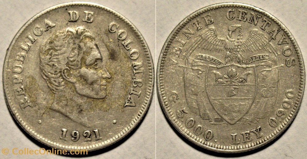 20 Centavos 1921 - Simon Bolivar, Colombia monnaies monde colombie 20 centavos 1921 simon bolivar colombia