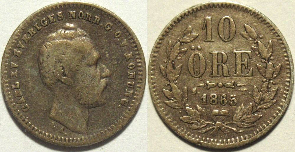 Carl XV of Sweden - 10 Öre 1865 monnaies monde suede carl xv of sweden 10 ore 1865