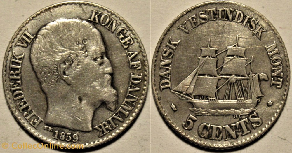 Frederik VII Denmark - 5 Cents 1859, West Indies (2) monnaies colonies danoises frederik vii denmark 5 cents 1859 west indies 2