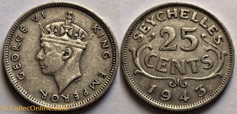 George VI - 25 Cents 1943 - Seychelles monnaies monde george vi 25 cents 1943 seychelles