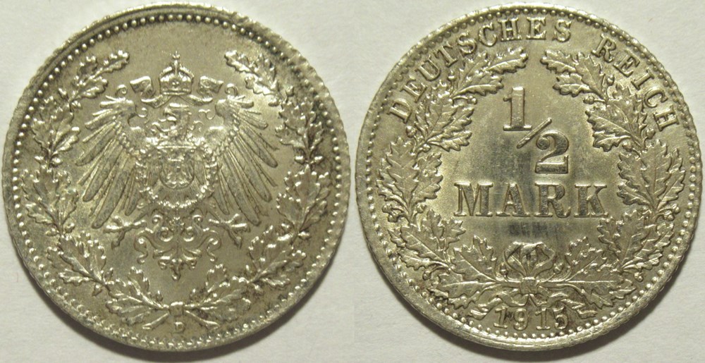 Wilhelm II - 1/2 Mark 1915 München, German Empire monnaies monde allemagne wilhelm ii 1 2 mark 1915 munchen german empire