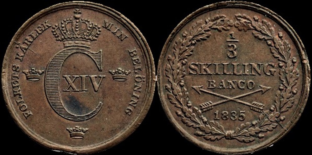 Sweden - Karl XIV Johan - 1/3 Skilling Banco 1835 monnaies monde suede sweden karl xiv johan 1 3 skilling banco 1835