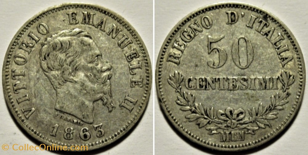 1863 Royaume d'Italie, 50 Centesimi, Milano - Vittorio Emanuele II (ex.3) monnaies monde 1863 royaume italie 50 centesimi milano vittorio emanuele ii ex 3