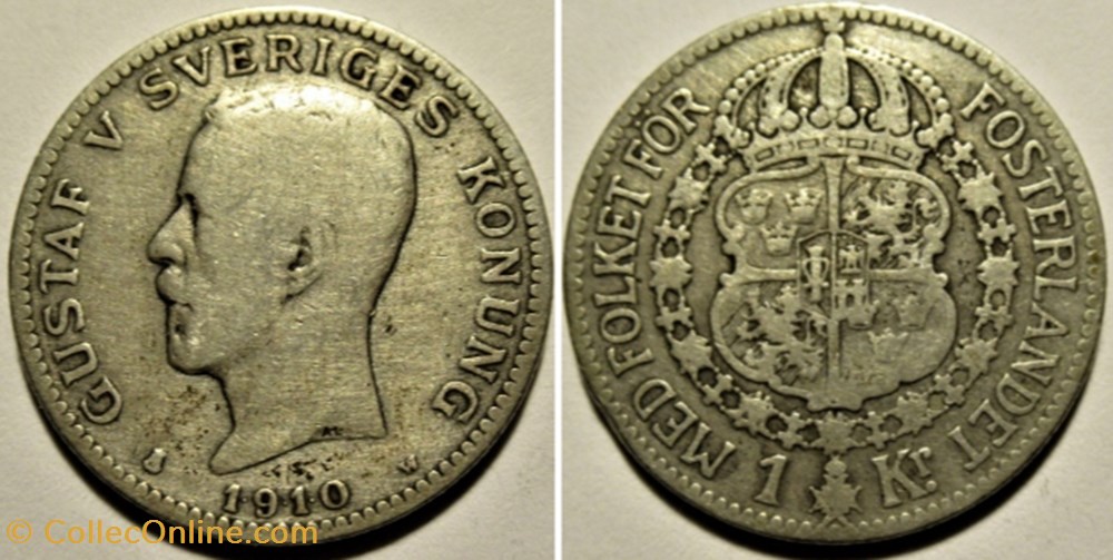 Gustaf V of Sweden - 1 Krona 1910 monnaies monde suede gustaf v of sweden 1 krona 1910
