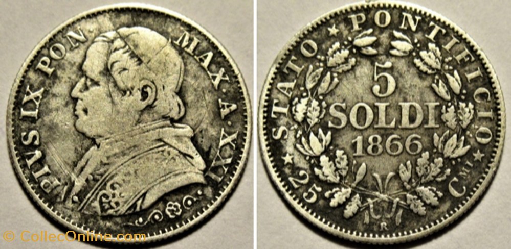 Pio IX, Pope - 5 Soldi 1866, Anno XXI - Vaticano monnaies monde pio ix pope 5 soldi 1866 anno xxi vaticano