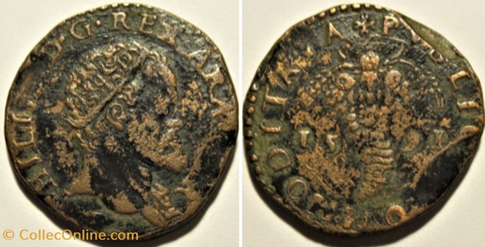 1591 Regno di Napoli, 1 Tornese - Filippo II di Spagna monnaies europe medievale royaume de naples 1591 regno di napoli 1 tornese filippo ii di spagna