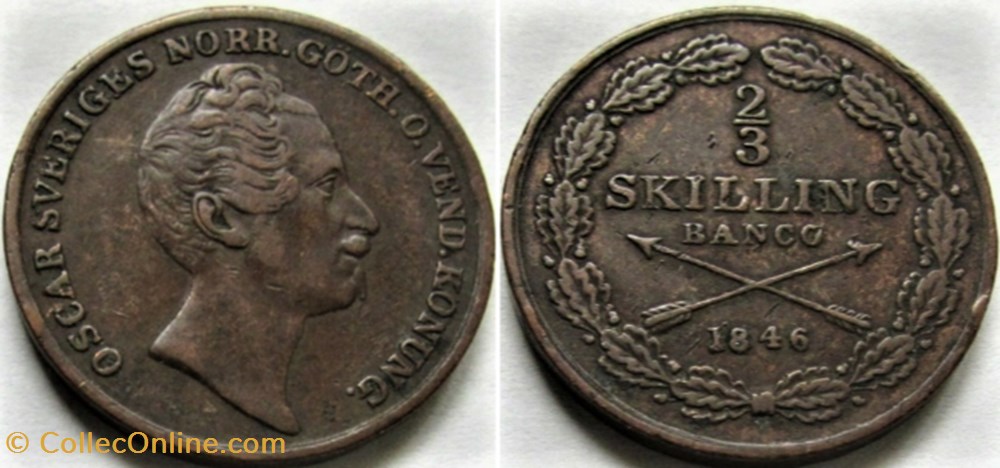 Sweden - Oscar I - 2/3 Skilling 1846/4 - Overdate monnaies monde suede sweden oscar i 2 3 skilling 1846 4 overdate