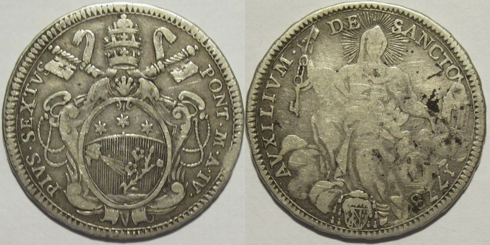 monnaies europe medievale etats pontificaux pius vi pope 1 2 scudo 1778 roma papal states