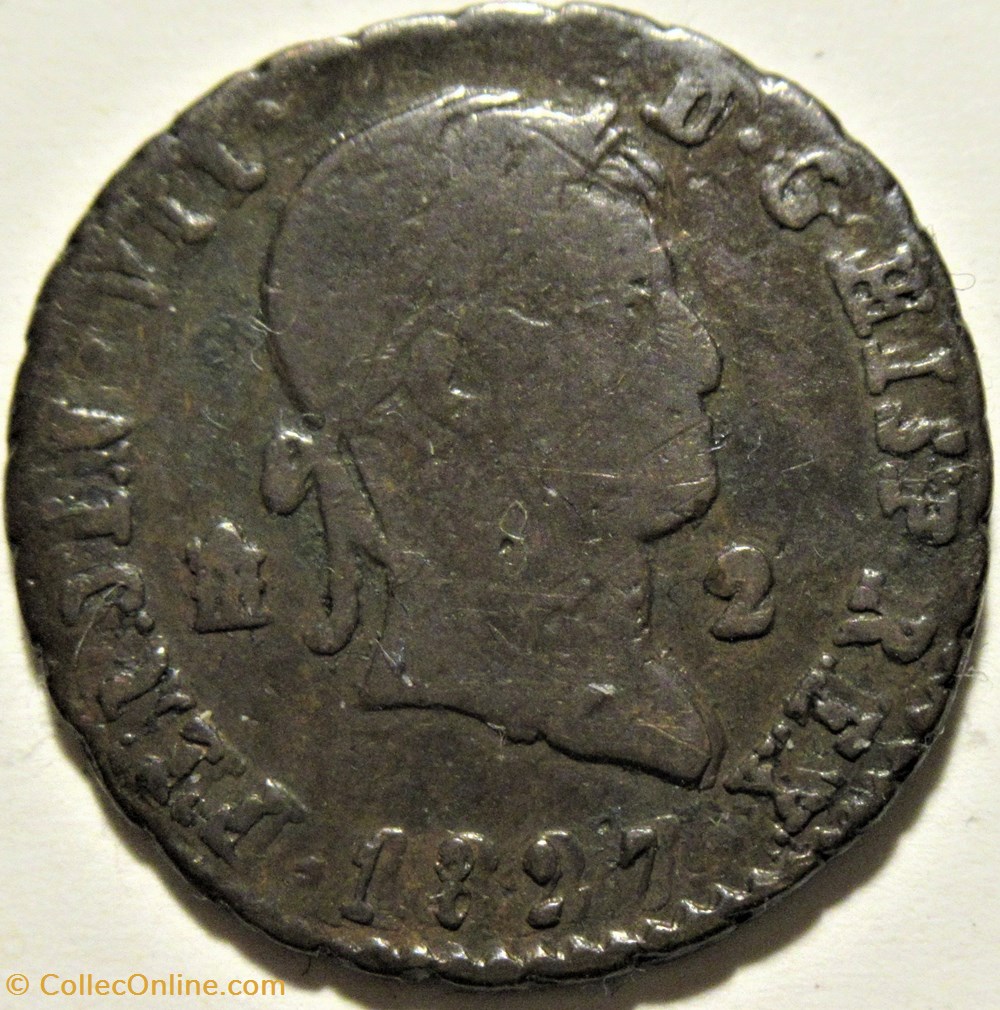1827 Segovia 2 Maravedis (repunched date) - Fernando VII de España 2 monnaies monde espagne 1827 segovia 2 maravedis repunched date fernando vii de espana
