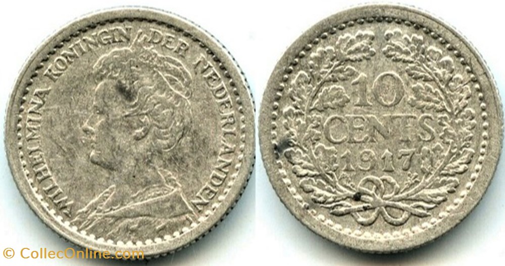 Wilhelmina of Nederland - 10 Cents 1917 monnaies monde pays bas wilhelmina of nederland 10 cents 1917