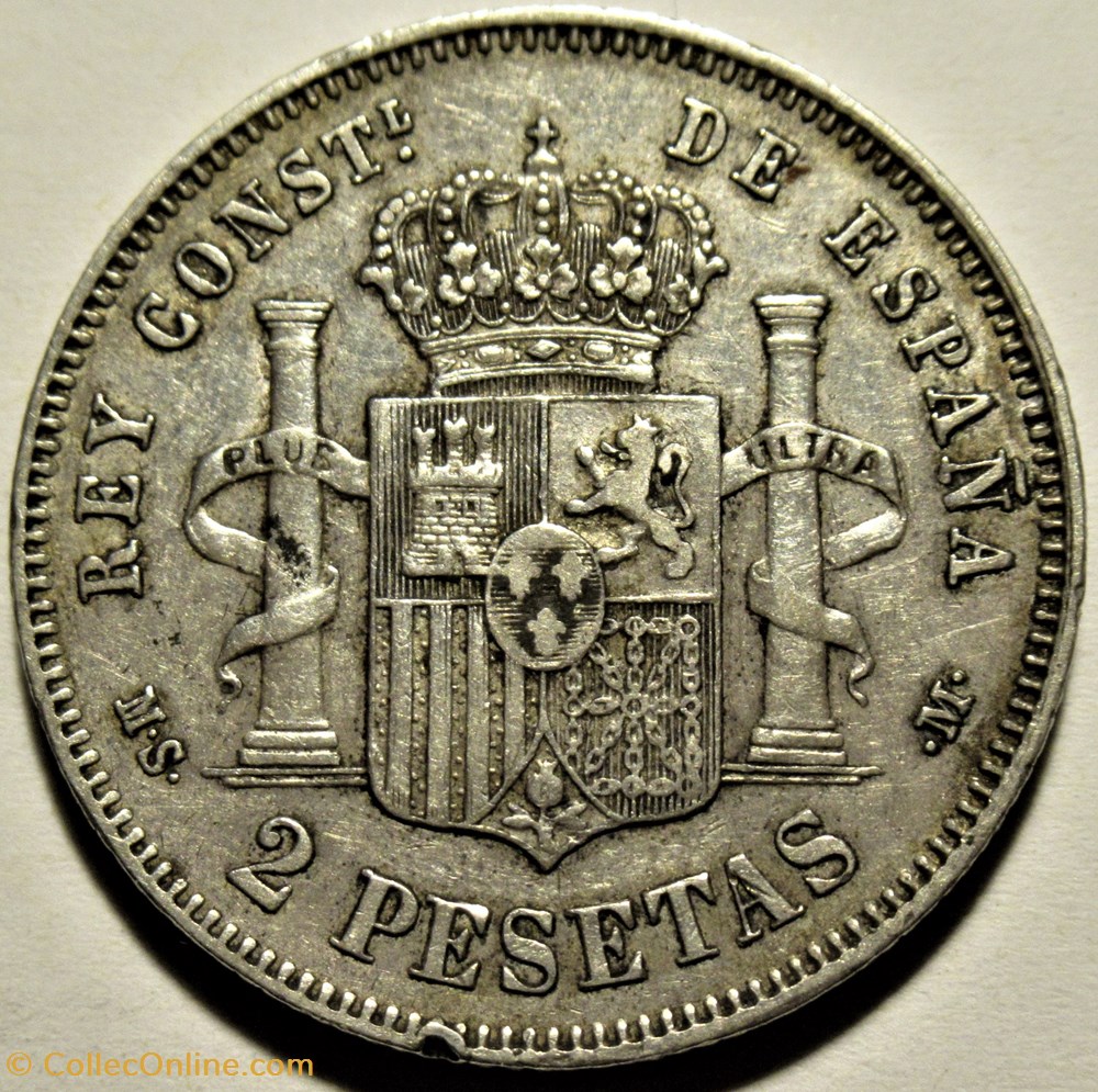 1882 - 2 Pesetas - Alfonso XII de España (ex.2) 3 monnaies monde espagne 1882 2 pesetas alfonso xii de espana ex 2