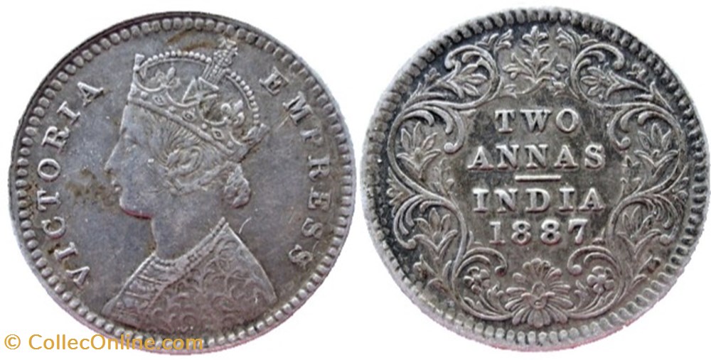 Victoria - Two Annas 1887 Calcutta - British India (ex.2) monnaies monde inde victoria two annas 1887 calcutta british india ex 2