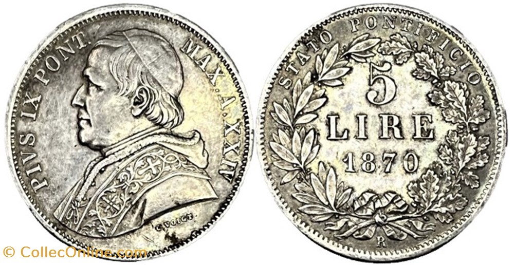 Pio IX, Papa - 5 Lire 1870, Anno XXV - Vaticano monnaies monde pio ix papa 5 lire 1870 anno xxv vaticano