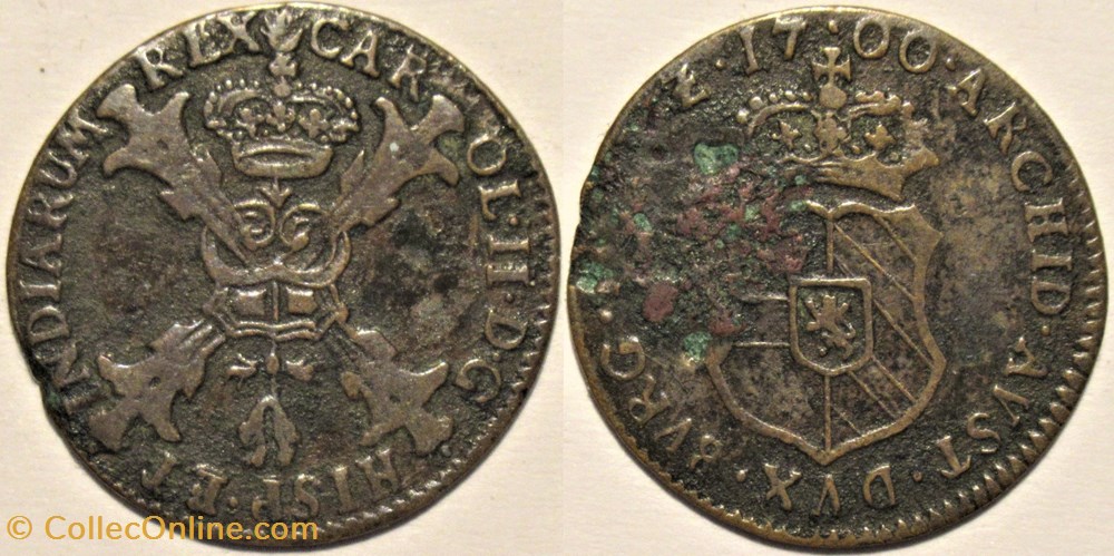 Charles II - 1/2 Liard ou Duit, 1700 Antwerp - Duchy of Brabant (2ex) monnaies europe medievale pays bas espagnols charles ii 1 2 liard ou duit 1700 antwerp duchy of brabant 2ex