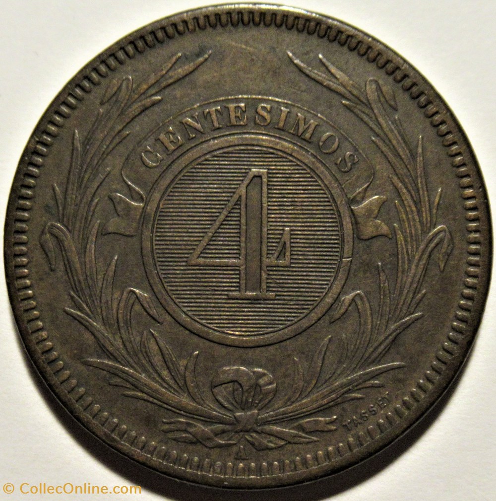Uruguay - 4 Centésimos 1869 3 monnaies monde uruguay 4 centesimos 1869