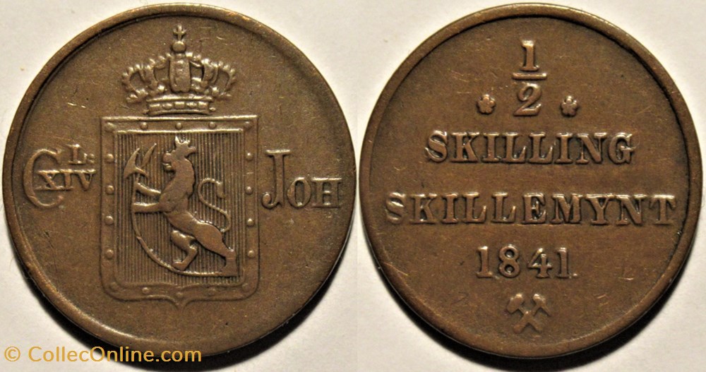 Carl XIV (III) of Sweden - 1/2 Skilling 1841 Norway monnaies monde norvege carl xiv iii of sweden 1 2 skilling 1841 norway