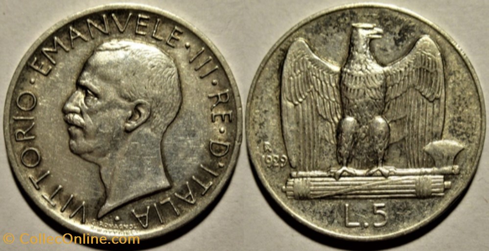 1929 Royaume d'Italie, 5 Lire, Roma - Vittorio Emanuele III monnaies monde 1929 royaume italie 5 lire roma vittorio emanuele iii