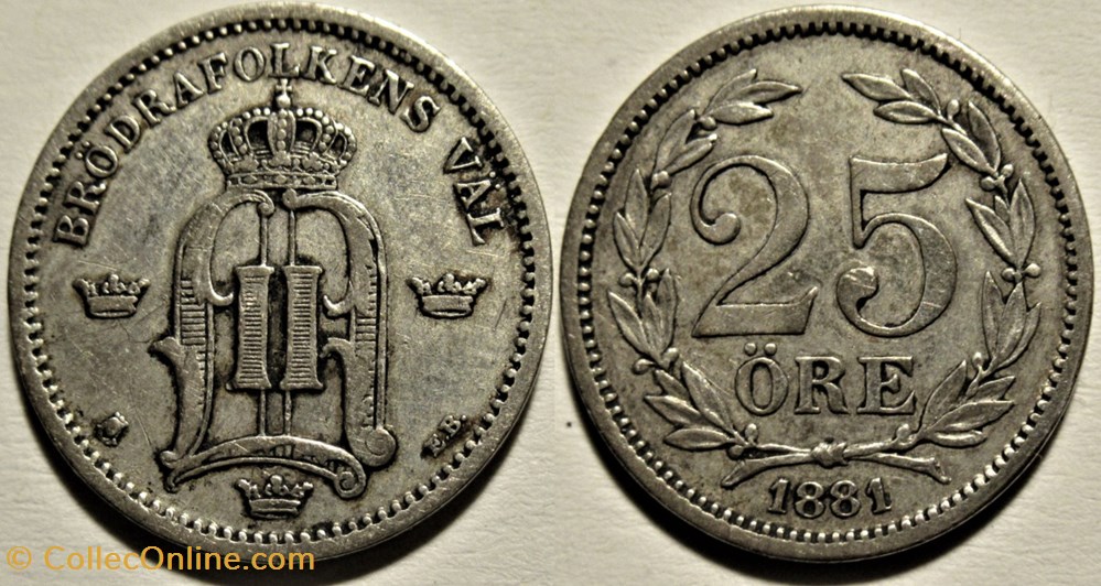 Sweden - Oskar II - 25 Öre 1881 monnaies monde suede sweden oskar ii 25 ore 1881