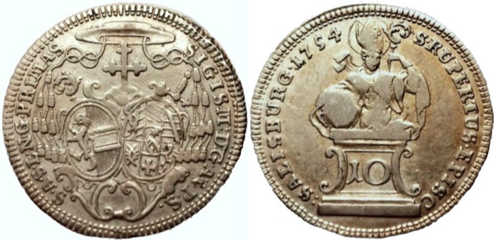 monnaies europe medievale eveche de salzbourg sigismund of schrattenbach 10 kreuzer 1754 bishopric of salzburg