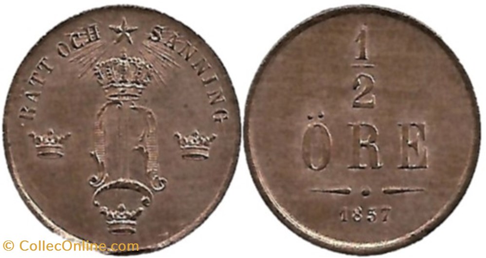 Sweden - Oscar I - 1/2 Öre 1857 monnaies monde suede sweden oscar i 1 2 ore 1857