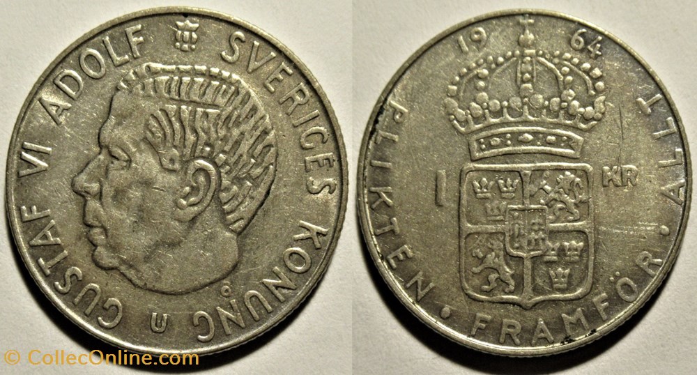 Gustaf VI Adolf of Sweden - 1 Krona 1964 monnaies monde suede gustaf vi adolf of sweden 1 krona 1964