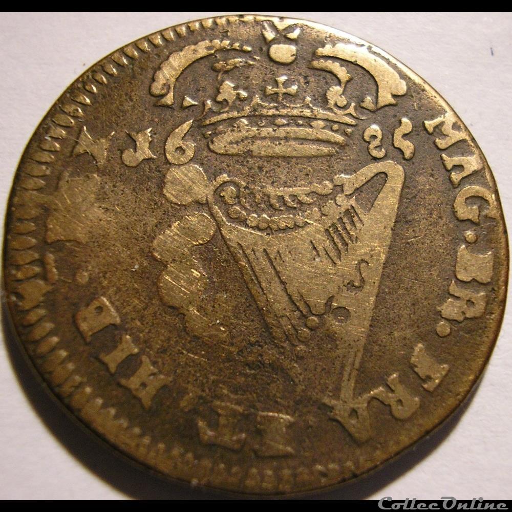James II Stuart - Half Penny 1685 Kingdom of Ireland 4 monnaies europe medievale royaume angleterre james ii stuart half penny 1685 kingdom of ireland