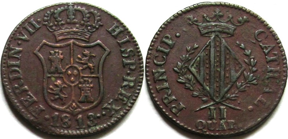 1813 Cataluña - 2 Quartos - Fernando VII de España monnaies europe medievale principaute catalogne 1813 cataluna 2 quartos fernando vii de espana