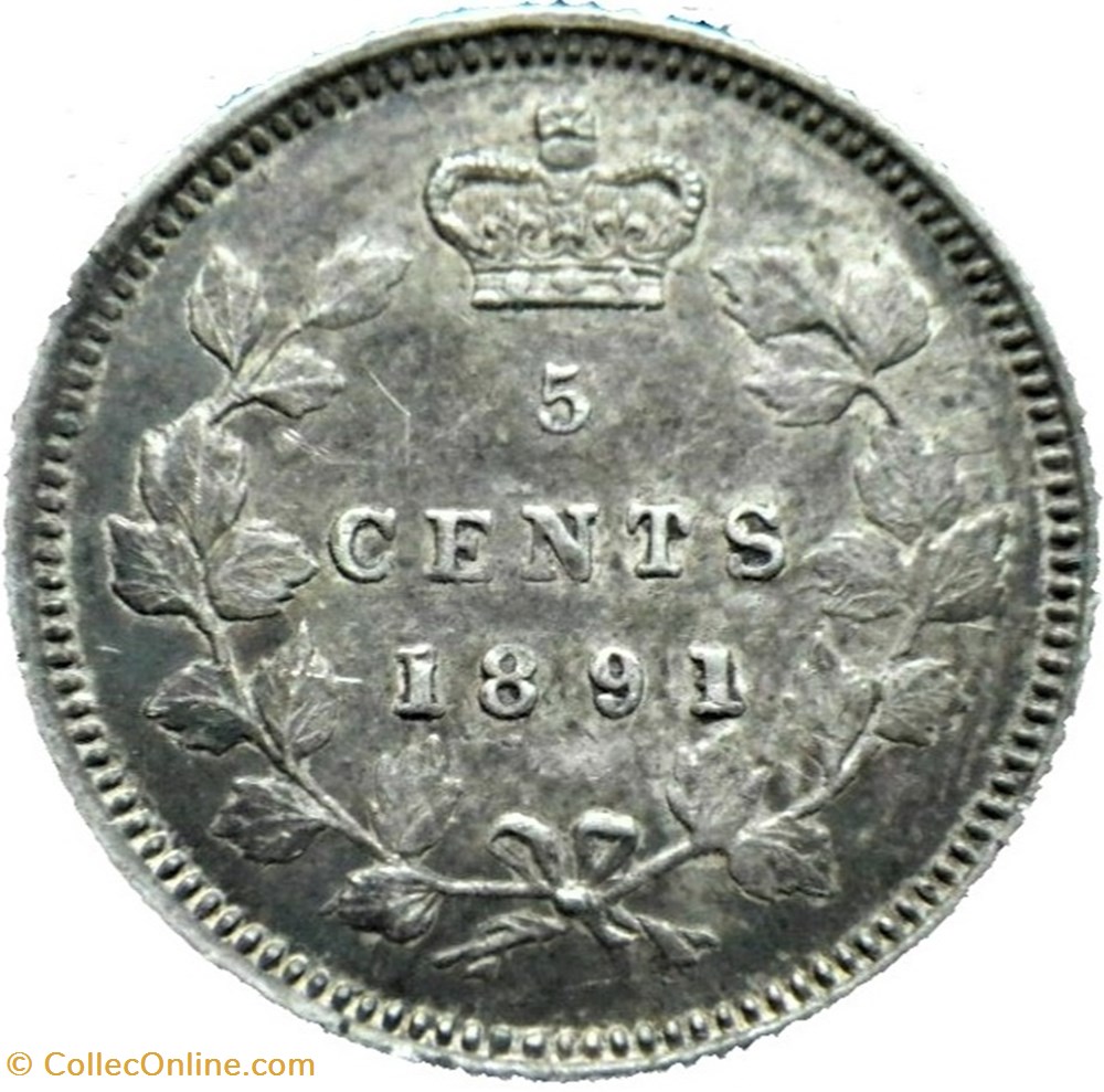 monnaie monde canadum victoria 5 cents 1891 long top lip die crack