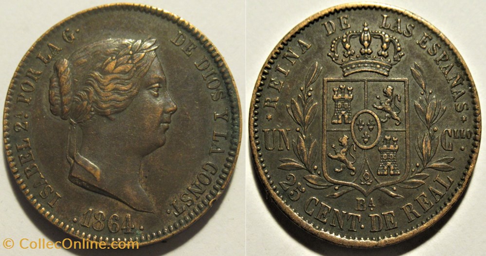 1864 Barcelona - 25 Centimos - Isabel II España monnaies monde espagne 1864 barcelona 25 centimos isabel ii espana