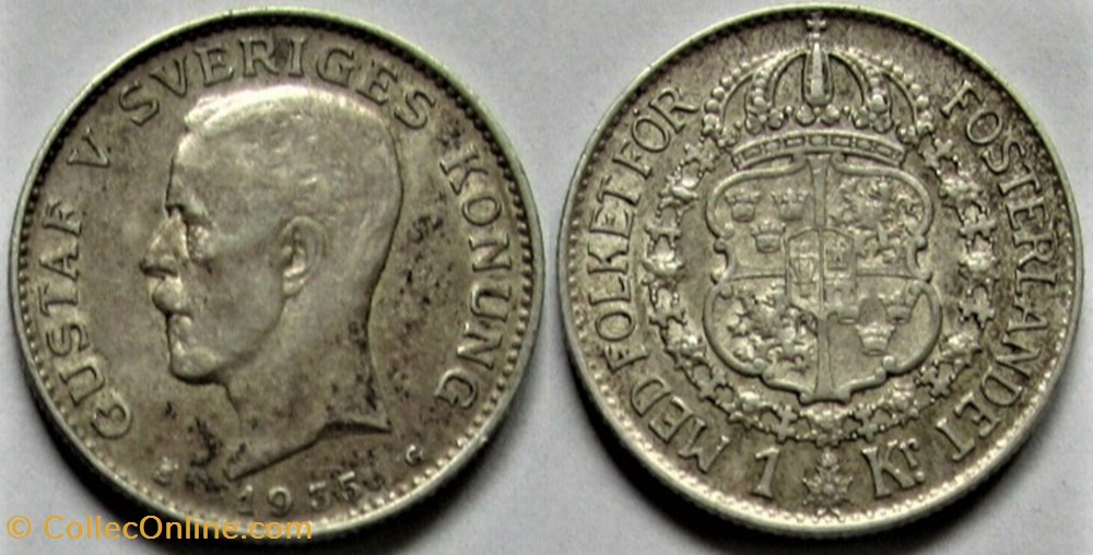 Gustaf V of Sweden - 1 Krona 1935 monnaies monde suede gustaf v of sweden 1 krona 1935