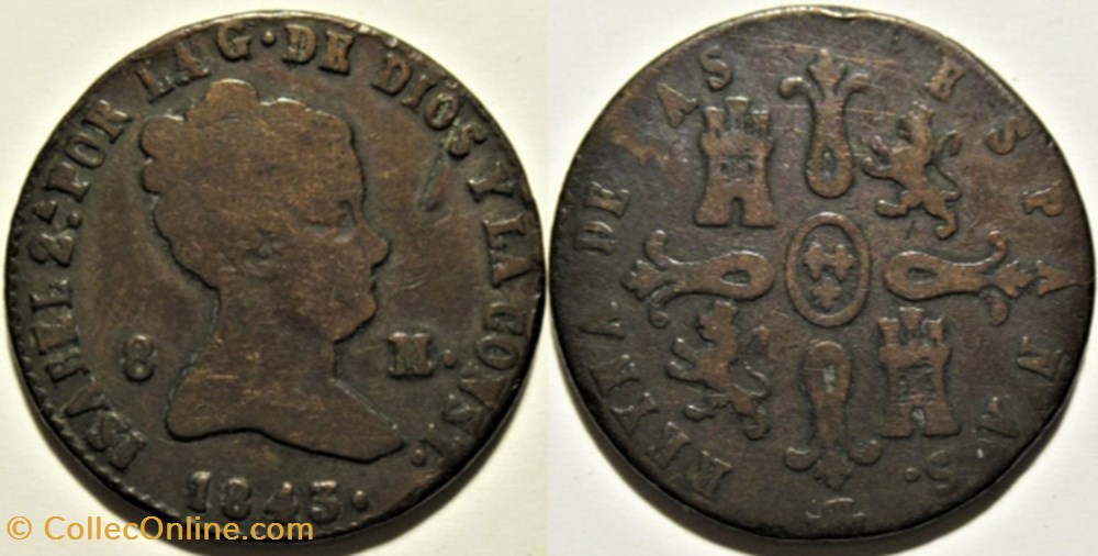 monnaies monde espagne 1843 segovia 8 maravedis isabel ii espana