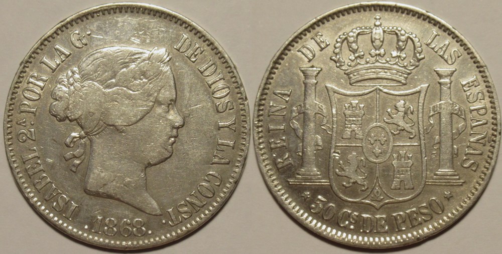 1868 Filipinas - 50 Céntimos - Isabel II de España monnaies monde espagne 1868 filipinas 50 centimos isabel ii de espana