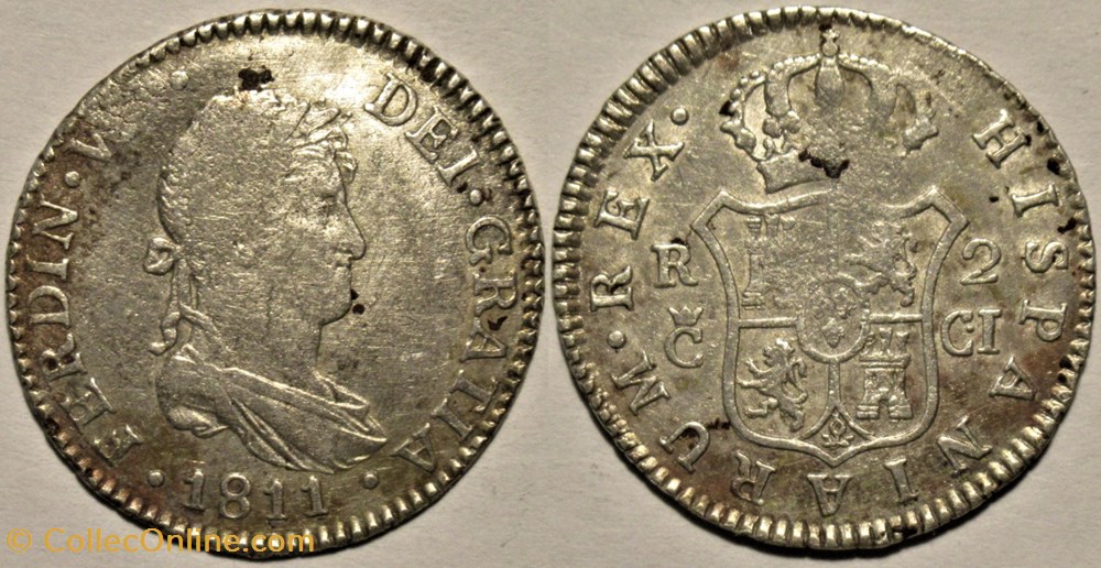 1811 - 2 Reales Cadiz - Fernando VII de España monnaies monde espagne 1811 2 reales cadiz fernando vii de espana