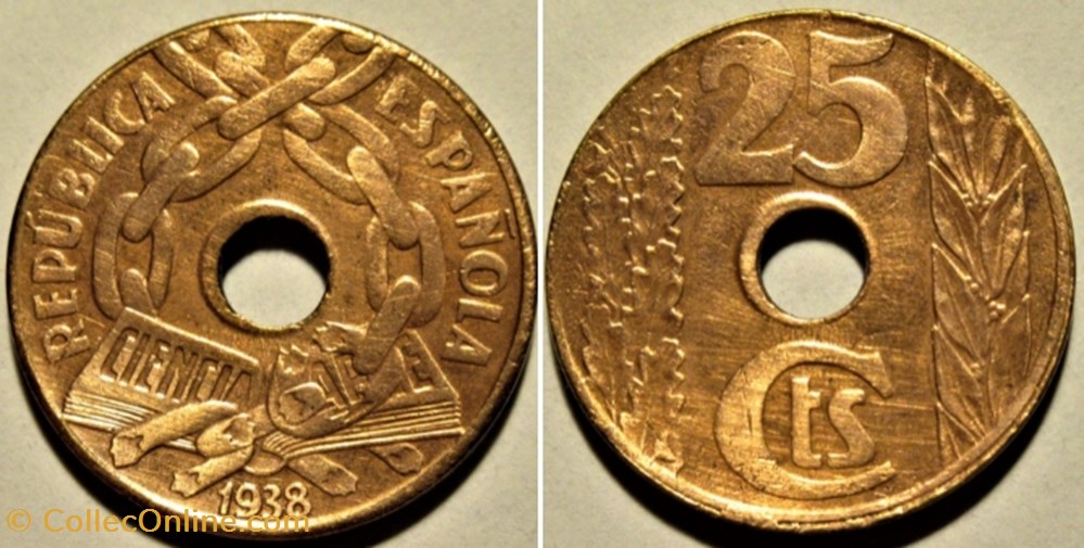 1938 - 25 Centimos - Second Republic of Spain monnaies monde espagne 1938 25 centimos second republic of spain
