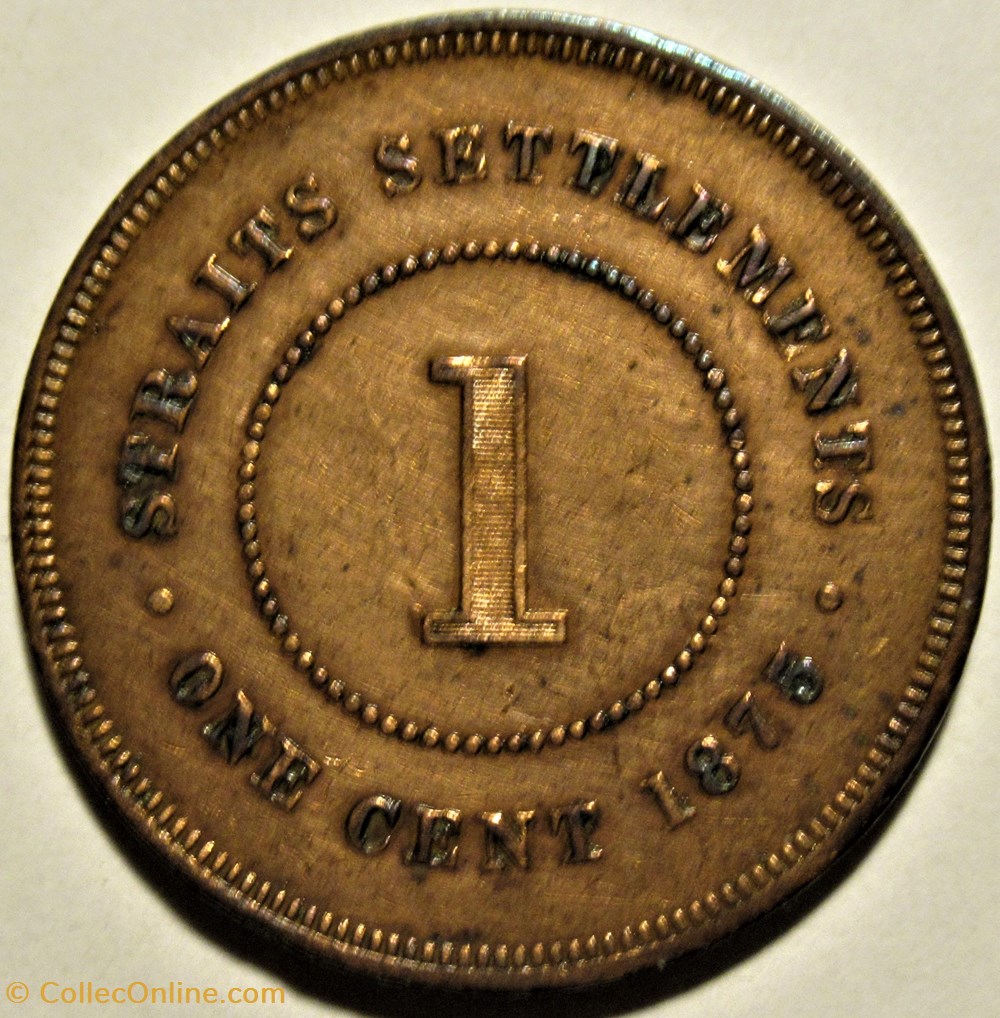 Victoria - One Cent 1875 - Straits Settlements, Malaysia (ex.2) 3 monnaies monde malaisie victoria one cent 1875 straits settlements malaysia ex 2