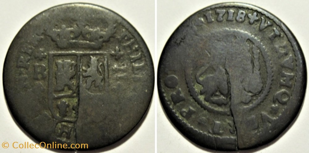 1718 Barcelona, 2 Maravedis - Felipe V - Die break coin monnaies europe medievale royaume espagne 1718 barcelona 2 maravedis felipe v die break coin
