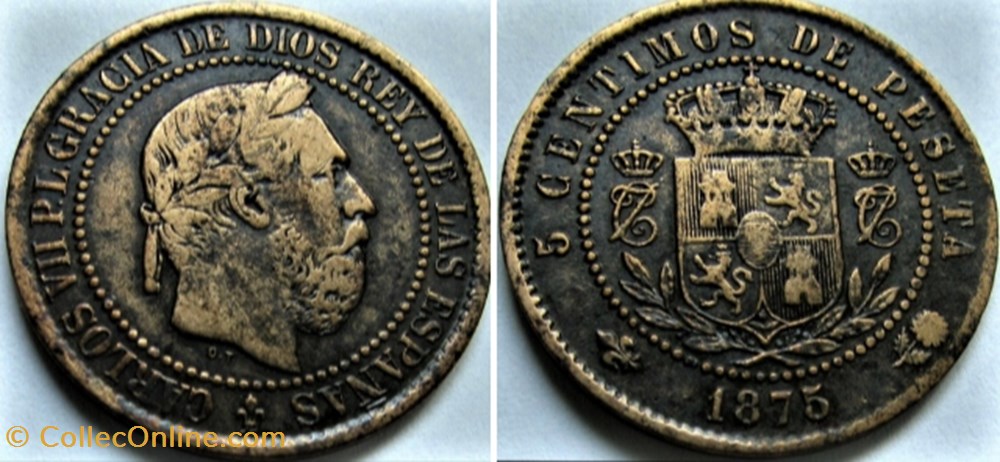 1875 - 5 Centimos - Carlos VII de España (Pretendiente Carlista) monnaies monde espagne 1875 5 centimos carlos vii de espana pretendiente carlista