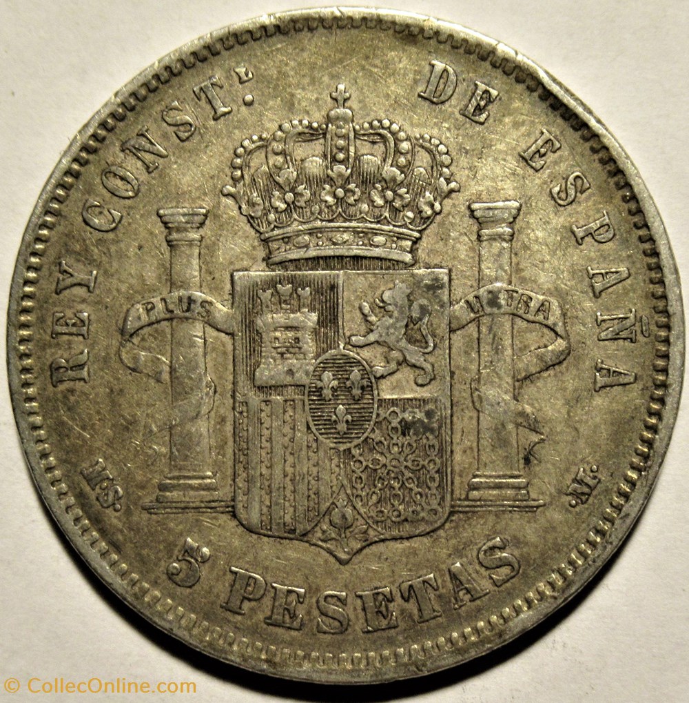 1885 - 5 Pesetas - Alfonso XII de España 3 monnaies monde espagne 1885 5 pesetas alfonso xii de espana