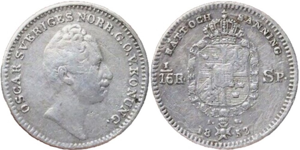 Sweden - Oscar I - 1/16 Riksdaler Specie 1852 (ex.2) monnaies monde suede sweden oscar i 1 16 riksdaler specie 1852 ex 2