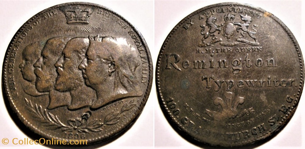 The Victoria's Family - 1896 Remington Typewriter Token - UK monnaie jeton mereaux the victoris family 1896 remington typewriter token uk