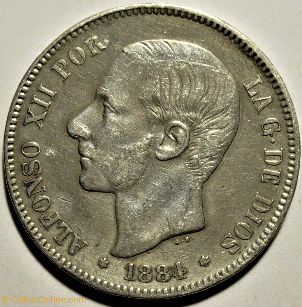 1884 - 5 Pesetas - Alfonso XII de España 2 monnaies monde espagne 1884 5 pesetas alfonso xii de espana