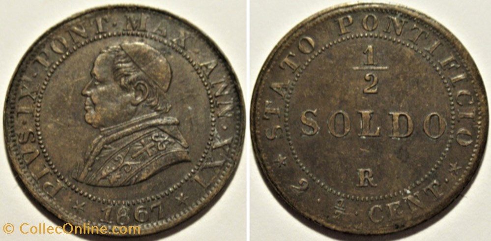 Pio IX, Pope - ½ Soldo 1867, Anno XXI - Roma, Vaticano monnaies monde pio ix pope soldo 1867 anno xxi roma vaticano