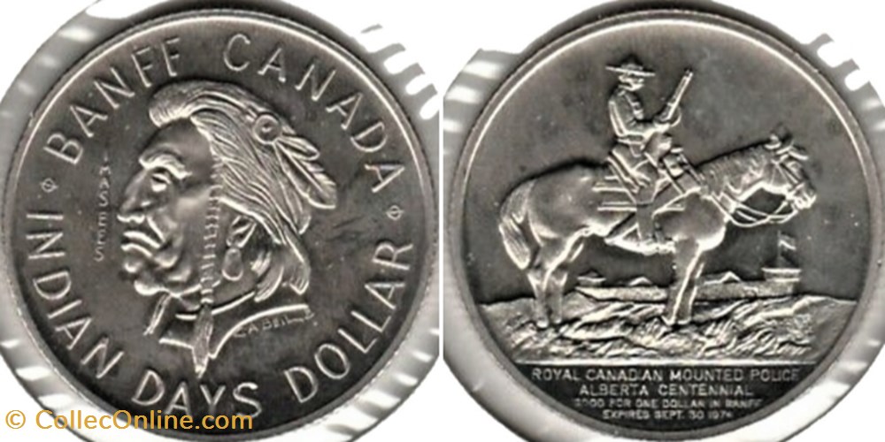 Indian-Days Dollar Token 1974 R.C.M.P. Centennial - Banff, Alberta monnaies jetons mereaux indian days dollar token 1974 r c m p centennial banff alberta